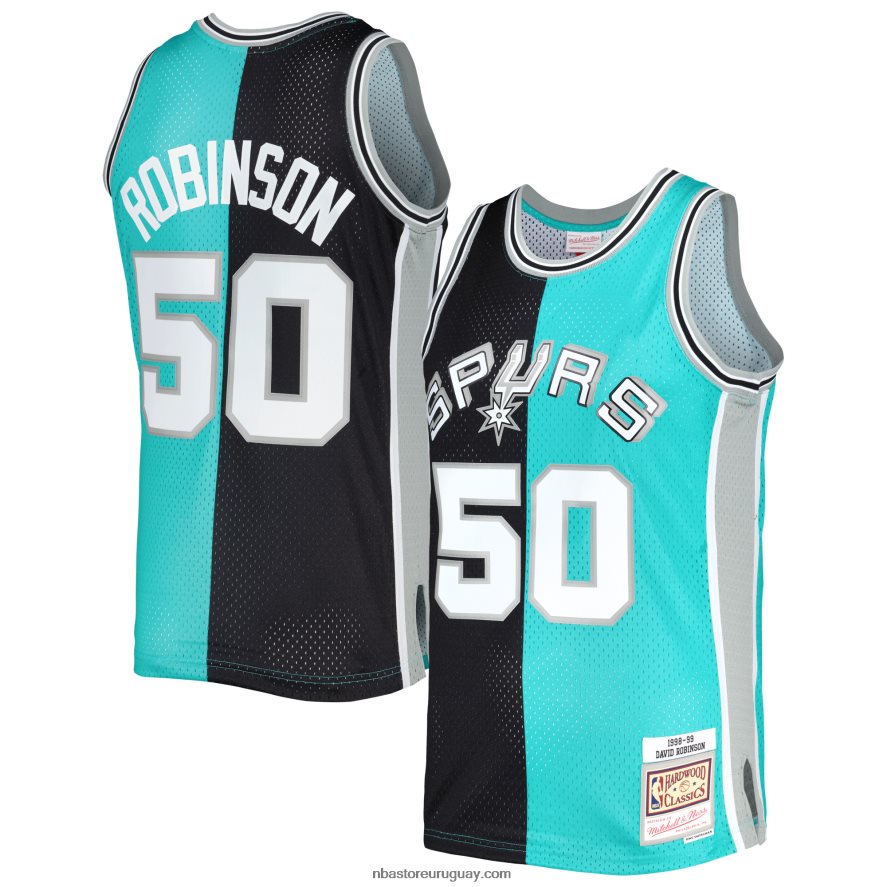 camiseta de los san antonio spurs david robinson mitchell & ness negro/verde azulado hardwood classics split swingman jersey 6L080N6235 NBA