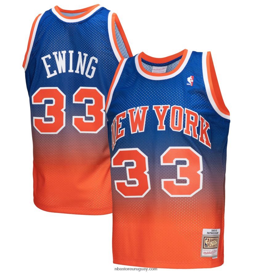 New York Knicks Patrick Ewing Naranja/Royal Hardwood Classics Fadeaway Swingman playera de jugador 6L080N614 NBA