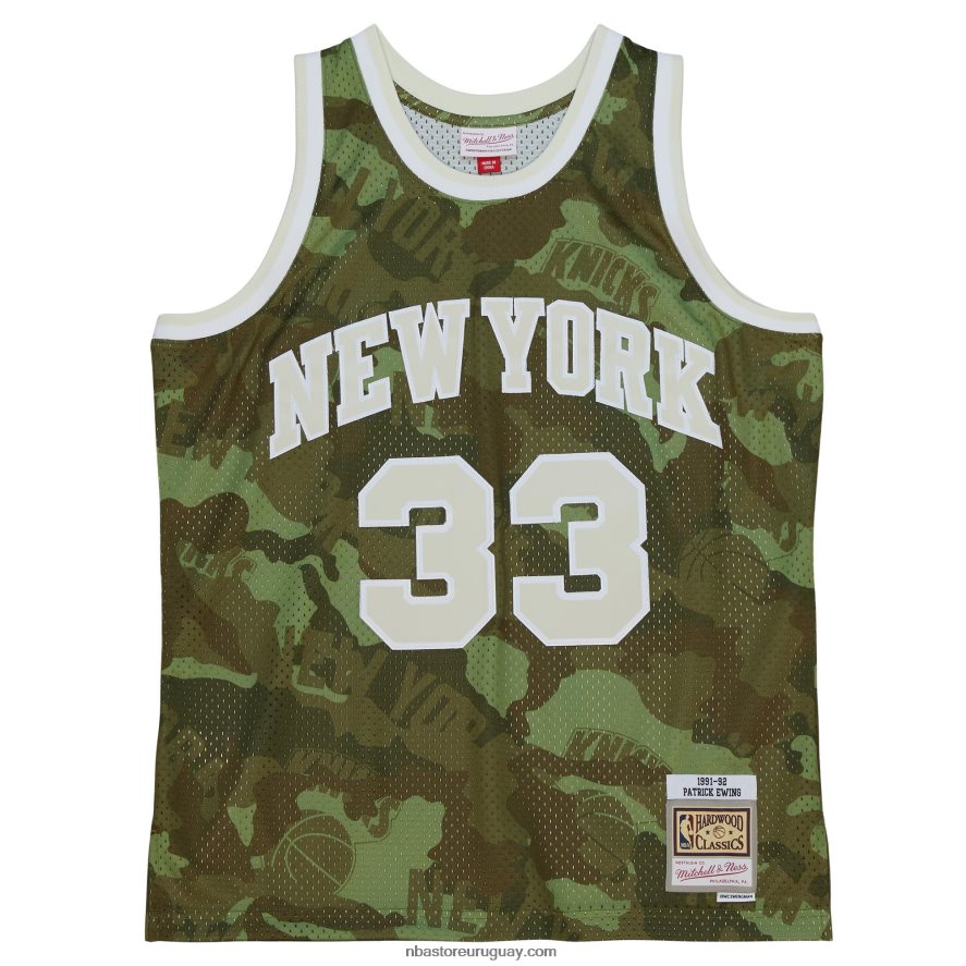 camiseta de los new york knicks patrick ewing mitchell & ness camo hardwood classics ghost green swingman 6L080N868 NBA