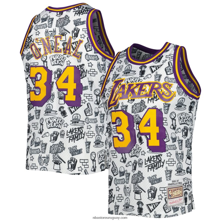 los angeles lakers shaquille o\'neal mitchell & ness blancas de madera dura clásicas garabatos swingman jersey 6L080N1536 NBA