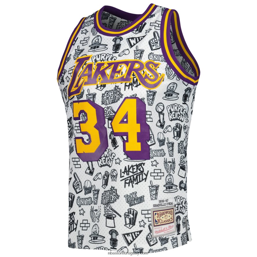 los angeles lakers shaquille o\'neal mitchell & ness blancas de madera dura clásicas garabatos swingman jersey 6L080N1536 NBA