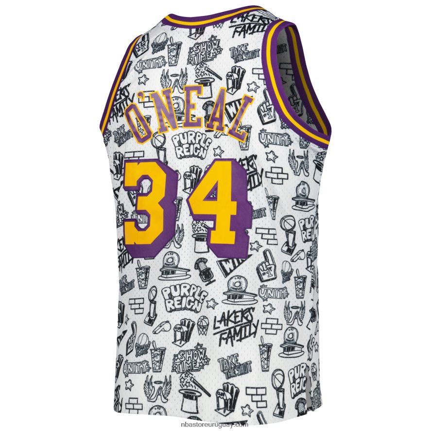 los angeles lakers shaquille o\'neal mitchell & ness blancas de madera dura clásicas garabatos swingman jersey 6L080N1536 NBA
