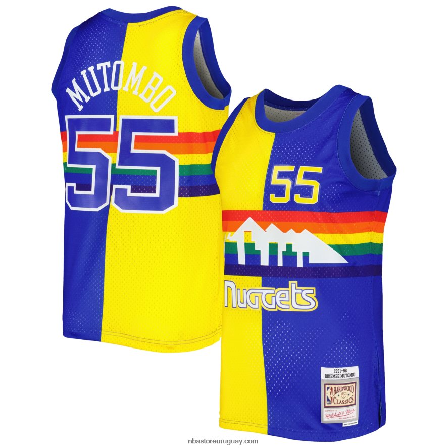 denver nuggets dikembe mutombo mitchell & ness royal/gold hardwood classics split swingman jersey 6L080N235 NBA