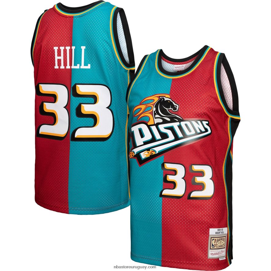 detroit pistons grant hill mitchell & ness teal/red hardwood classics 1999-00 split swingman jersey 6L080N2105 NBA