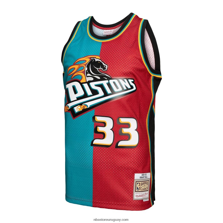 detroit pistons grant hill mitchell & ness teal/red hardwood classics 1999-00 split swingman jersey 6L080N2105 NBA