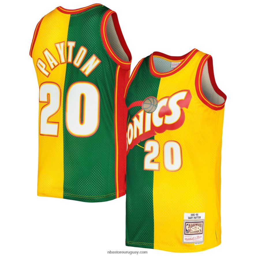 seattle supersonics gary payton mitchell & ness verde/dorado hardwood classics split swingman jersey 6L080N3327 NBA